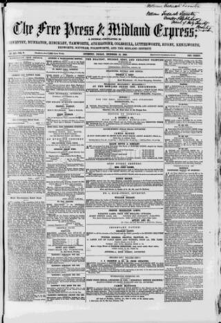 cover page of Coventry Free Press published on December 12, 1862