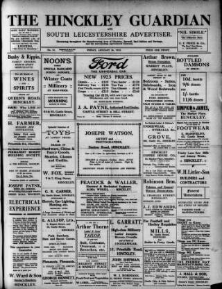 cover page of Hinckley Guardian and South Leicestershire Advertiser published on January 26, 1923