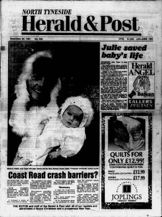 cover page of North Tyneside Herald & Post published on December 25, 1991