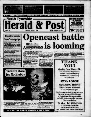 cover page of North Tyneside Herald & Post published on January 26, 1994