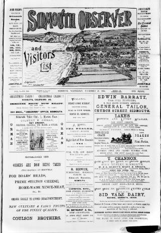 cover page of Sidmouth Observer published on November 23, 1892