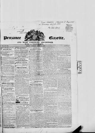 cover page of Penzance Gazette published on January 26, 1842