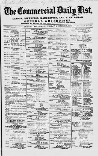 cover page of Commercial Daily List (London) published on November 23, 1869