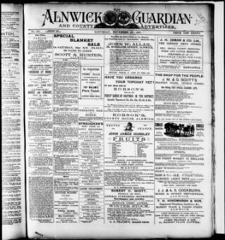 cover page of Alnwick Guardian and County Advertiser published on November 23, 1889