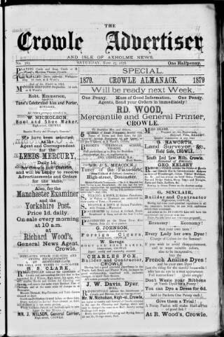 cover page of Crowle Advertiser and Isle of Axholme News published on November 23, 1878