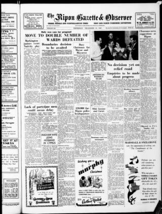 cover page of Ripon Gazette published on December 25, 1958