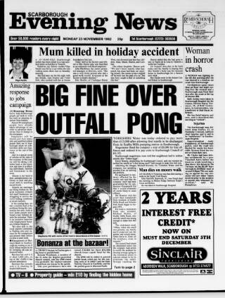 cover page of Scarborough Evening News published on November 23, 1992