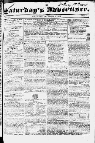 cover page of Liverpool Saturday's Advertiser published on November 3, 1832