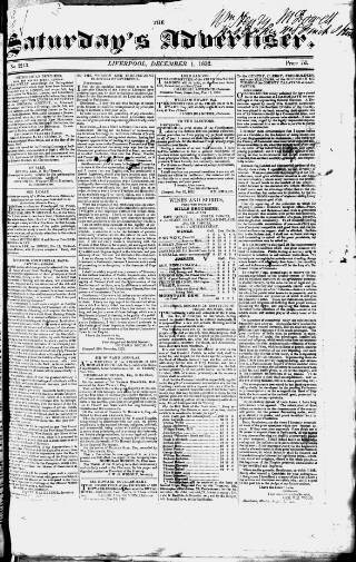 cover page of Liverpool Saturday's Advertiser published on December 1, 1832