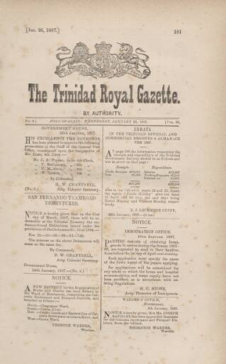 cover page of Trinidad Royal Gazette published on January 26, 1887