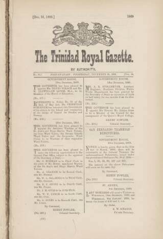 cover page of Trinidad Royal Gazette published on December 25, 1889