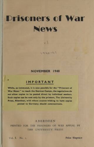 cover page of Prisoners of War News published on November 1, 1940